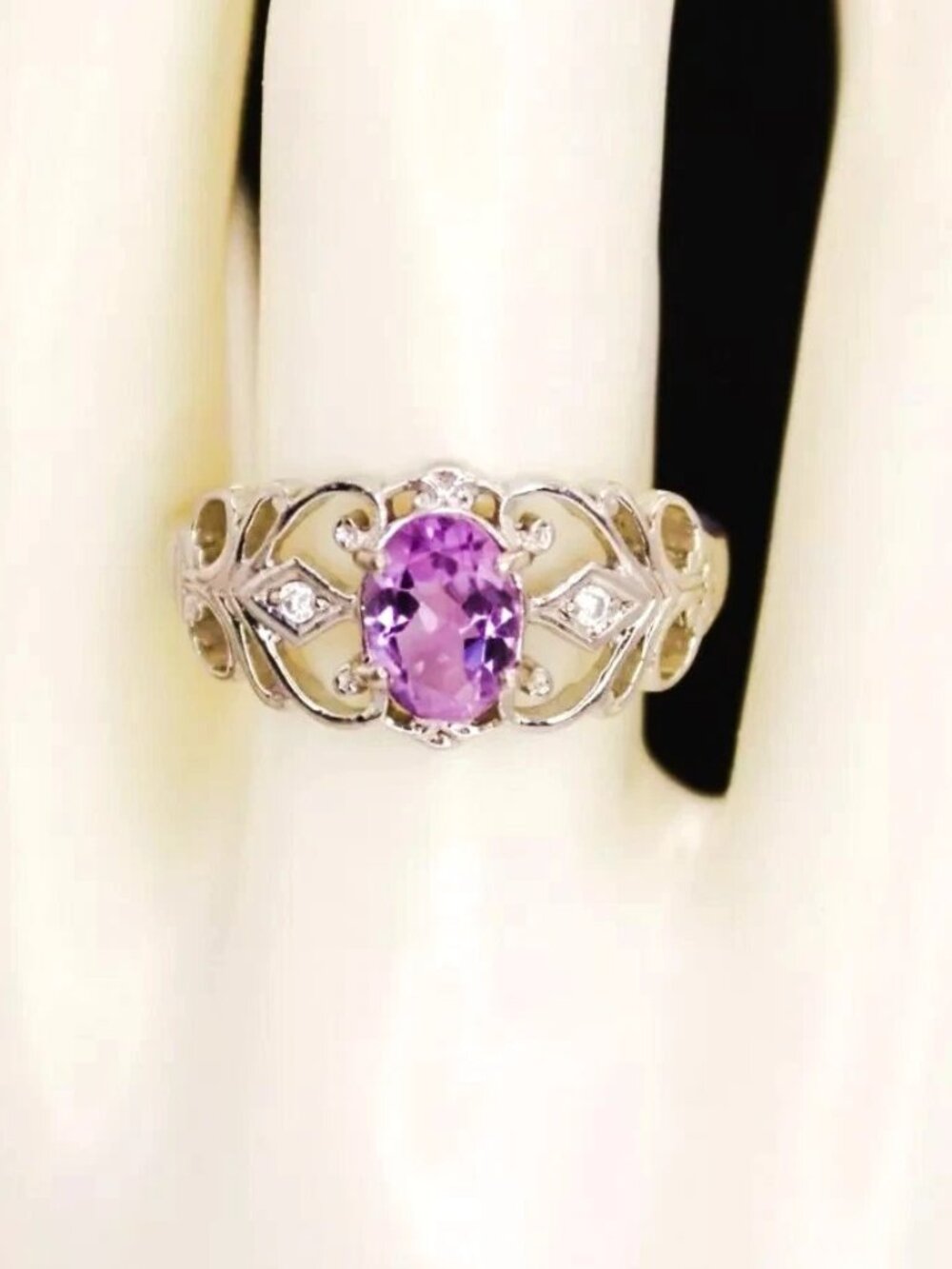 925 Sterling Silver Amethyst & CZ Vintage Scrolled Ring Signed RJ GRAZIANO